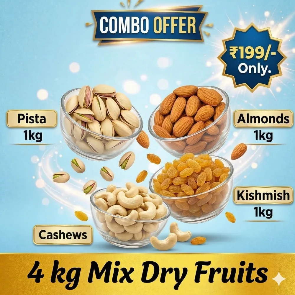 Premium 4KG Mix Dry Fruits Combo – Almonds, Cashews, Pistachios & Kishmish (1KG Each)