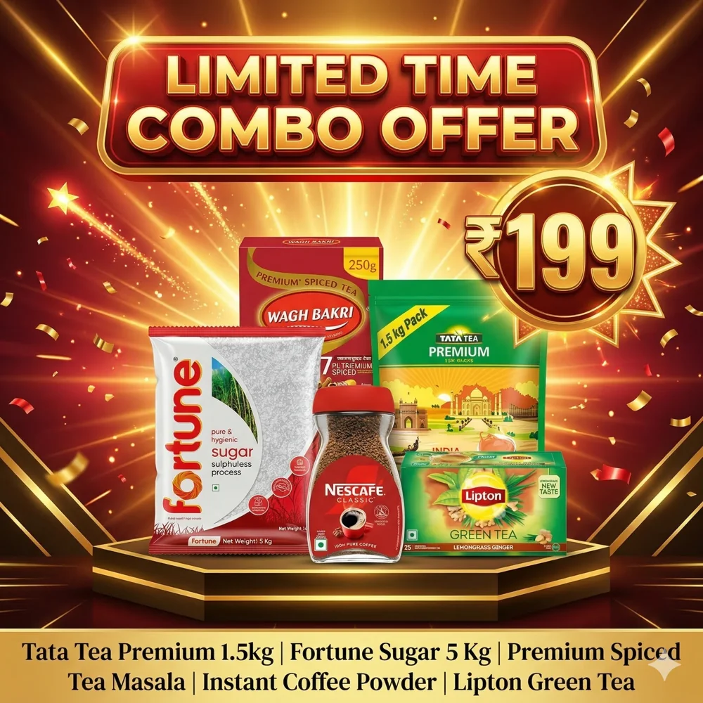 Beverage & Grocery Combo – Tata Tea 1.5KG, Sugar 5KG, Coffee, Green Tea & Masala Tea