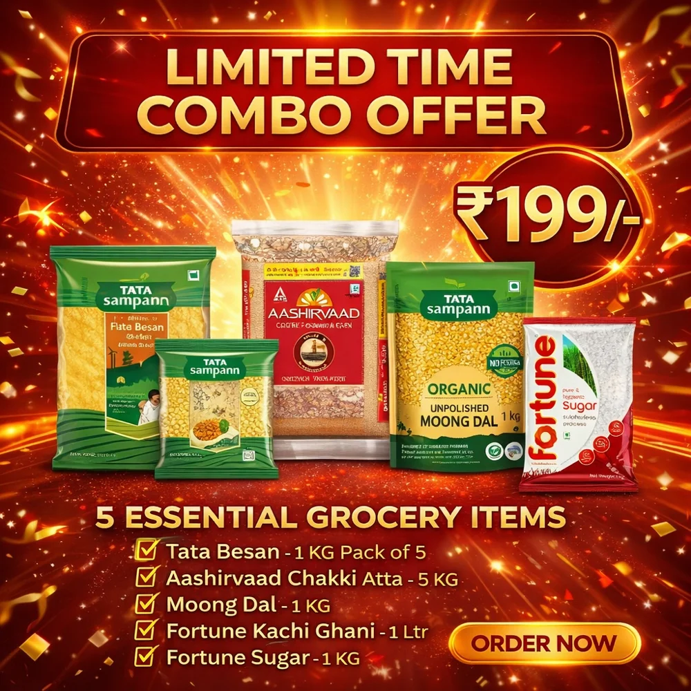 Essential Grocery Combo – Besan (5KG), Atta 5KG, Moong Dal 1KG, Oil 1L & Sugar 1KG