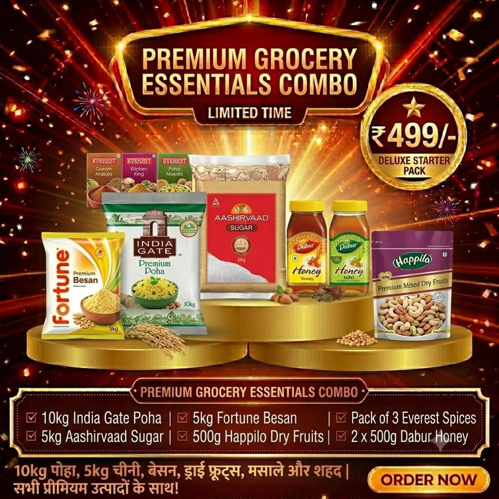 Premium Grocery Essentials Combo- 10kg India Gate Poha, 5kg Fortune Besan, 5kg Aashirvaad Sugar, 500g Happilo Dry Fruits, Pack of 3 Everest Spices, and 2 x 500g Dabur Honey