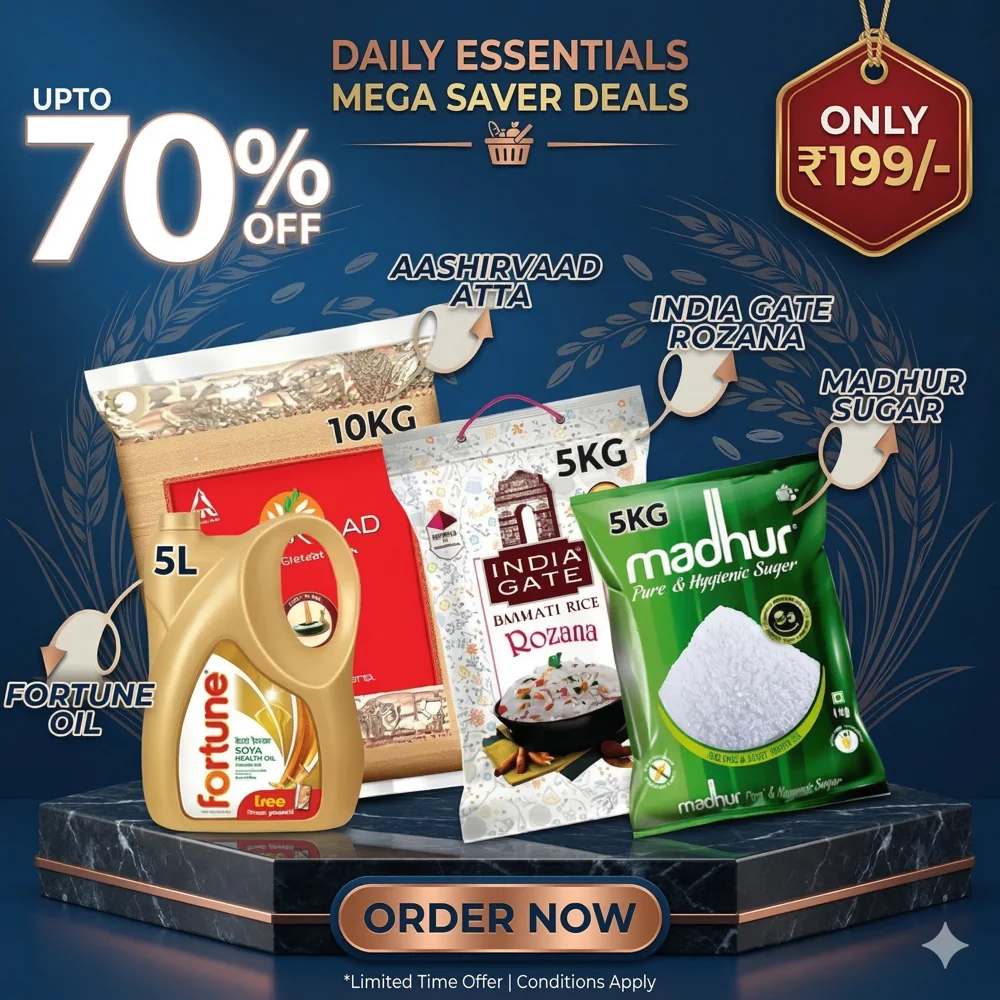 Daily Essentials Mega Saver Combo – Atta 10KG, Basmati Rice 5KG, Sugar 5KG & Soya Oil 5L