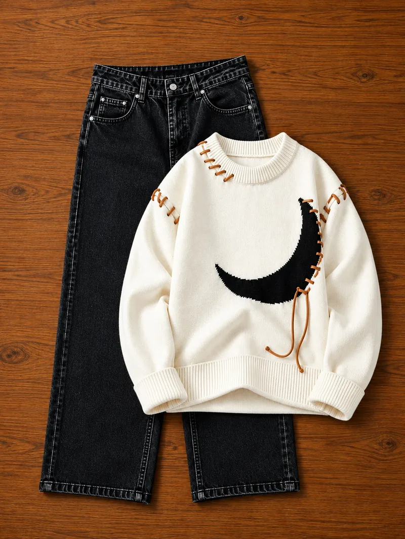 Cream Moon Lace-Up Sweater Combo