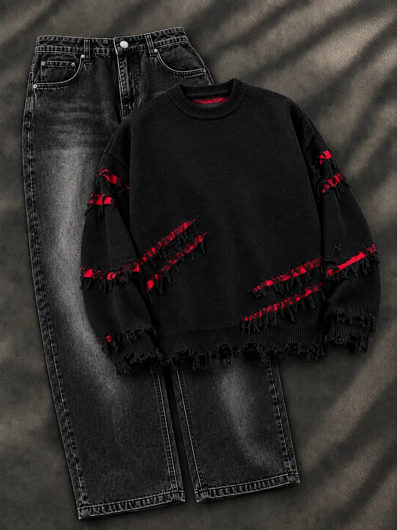 Black Red Distressed Knit Combo