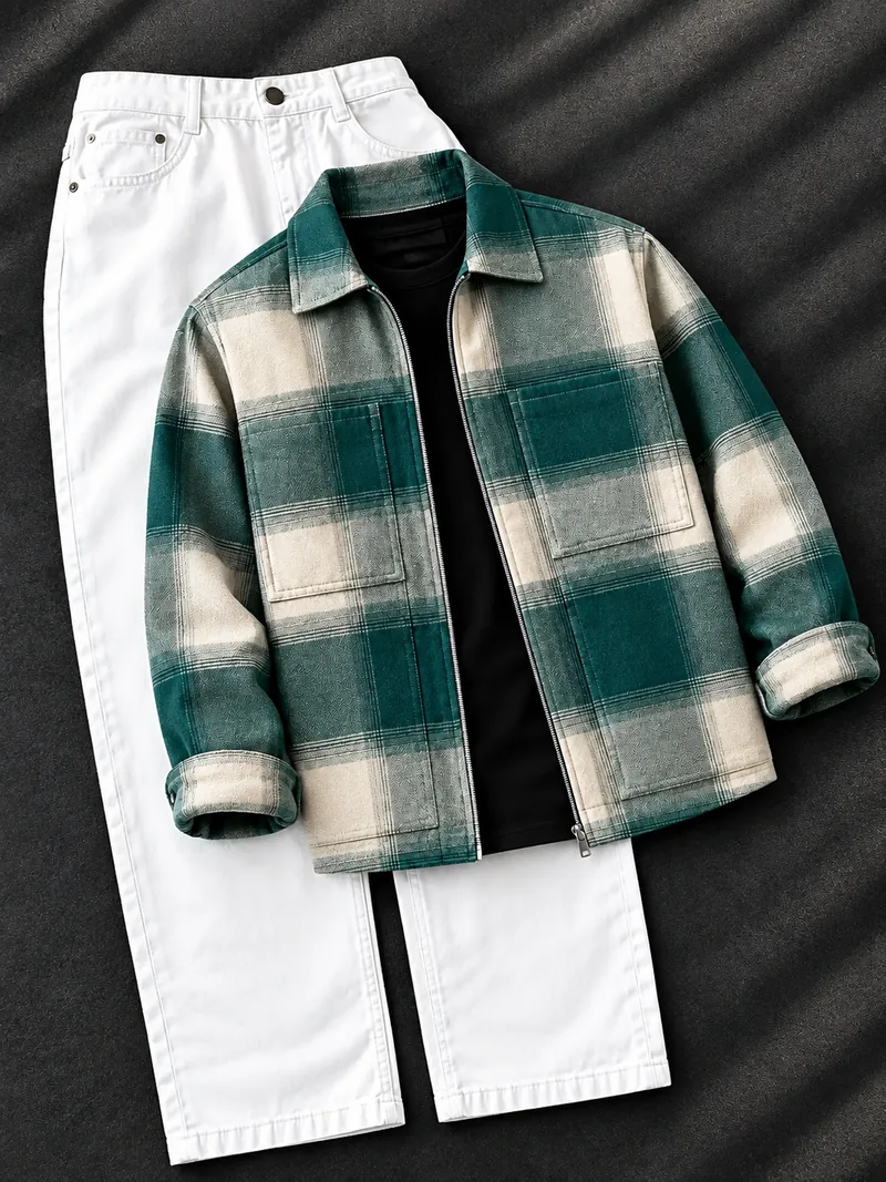 Green Cream Plaid Shacket Combo