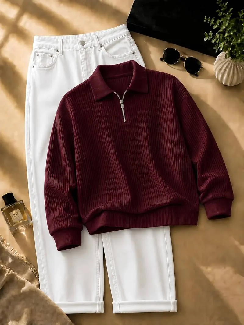 Burgundy Ribbed Quarter Zip Combo