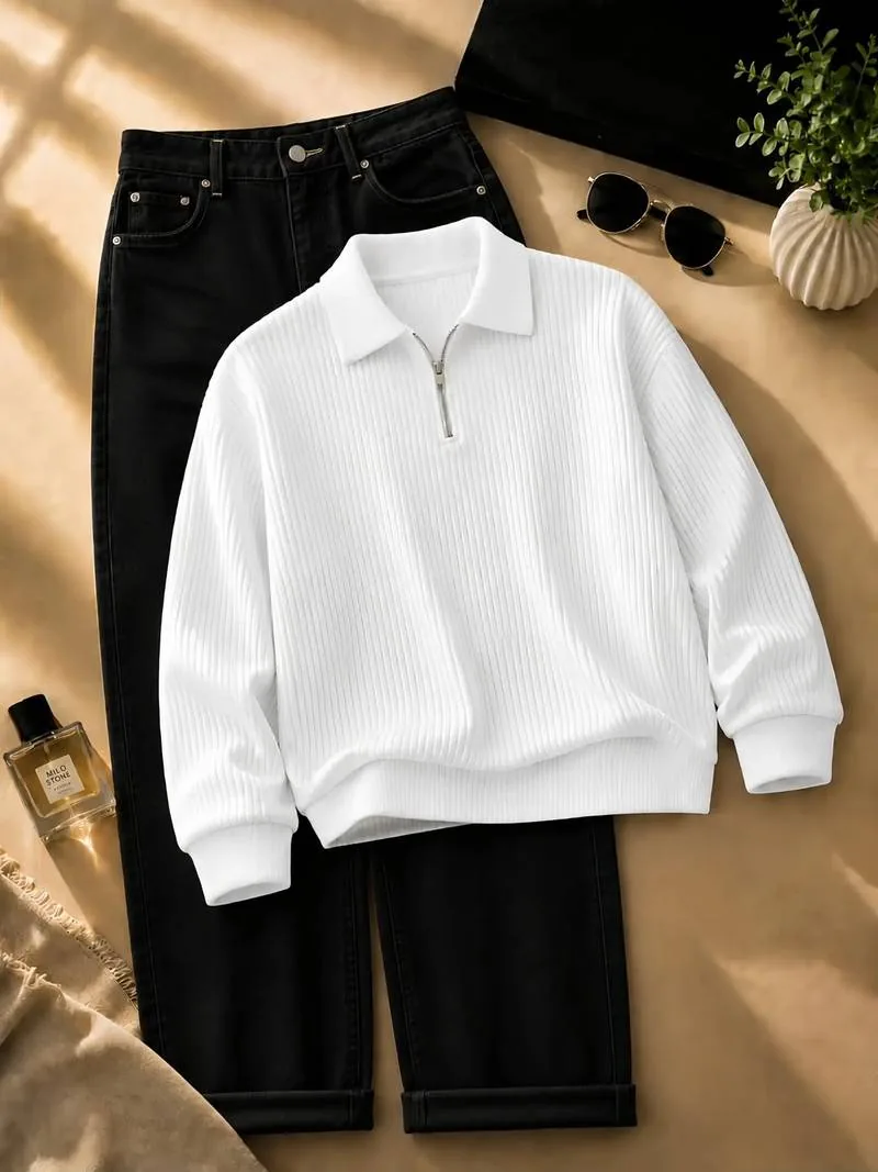 White Ribbed Quarter Zip Combo
