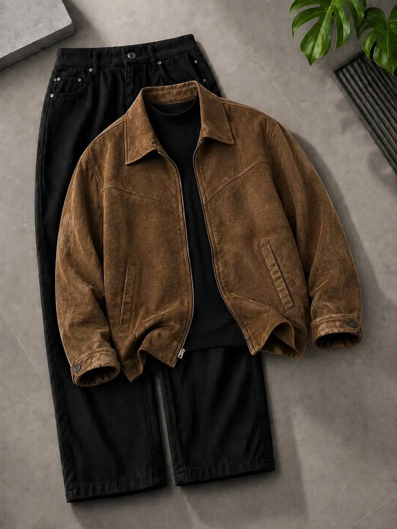 Brown Suede Zip Jacket Combo