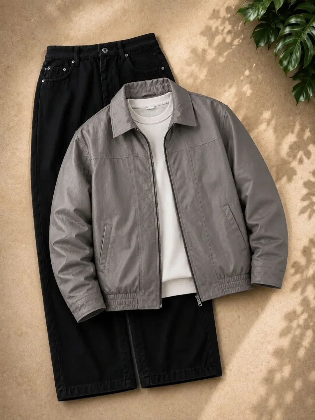 Grey Leather Zip Jacket Combo