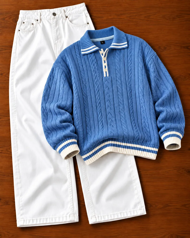 Blue Cable Knit Polo Combo