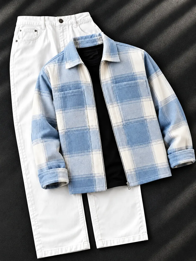 Blue Cream Plaid Shacket Combo