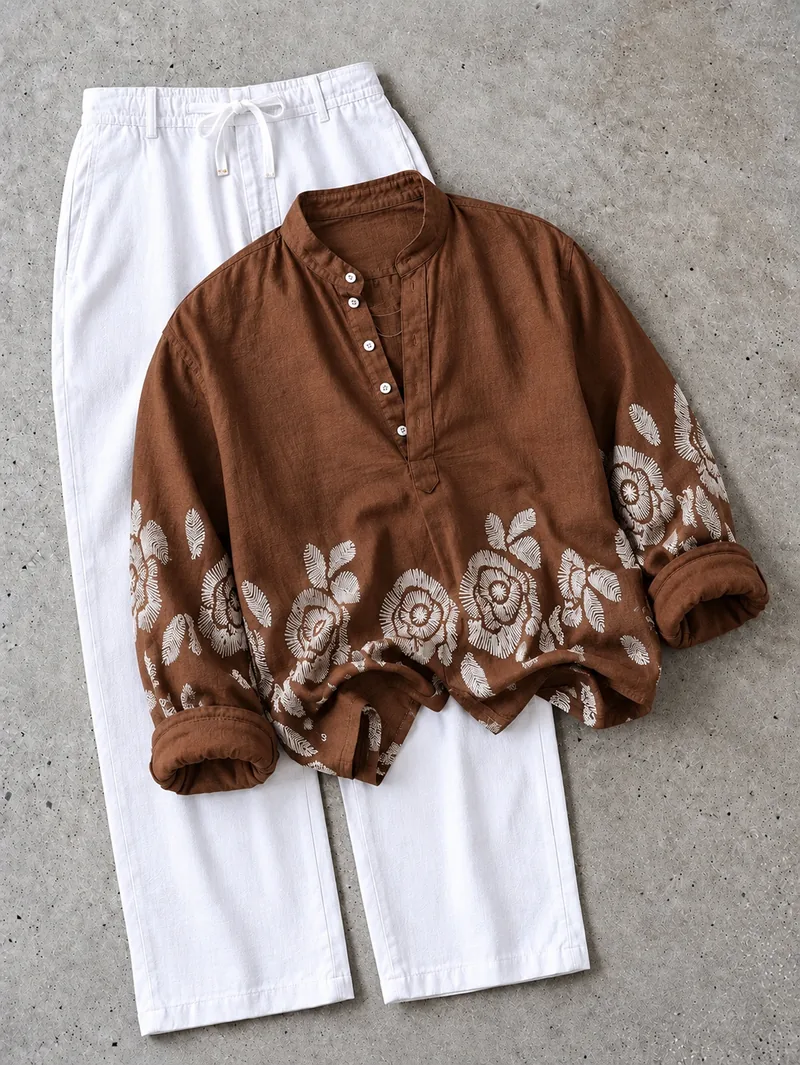 Brown Rose Print Mandarin Shirt