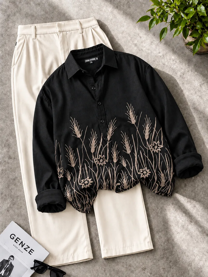 Black Wheat Embroidery Shirt
