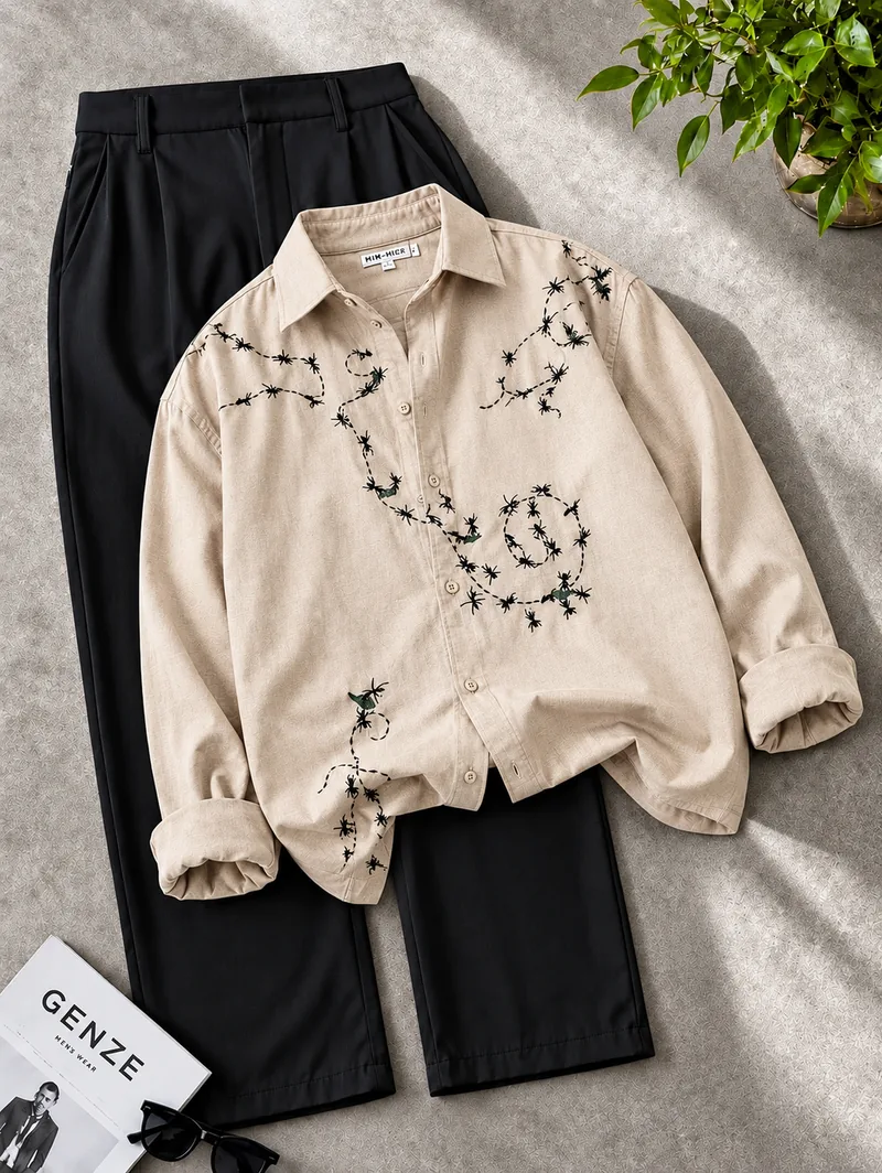 Beige Vine Embroidery Shirt