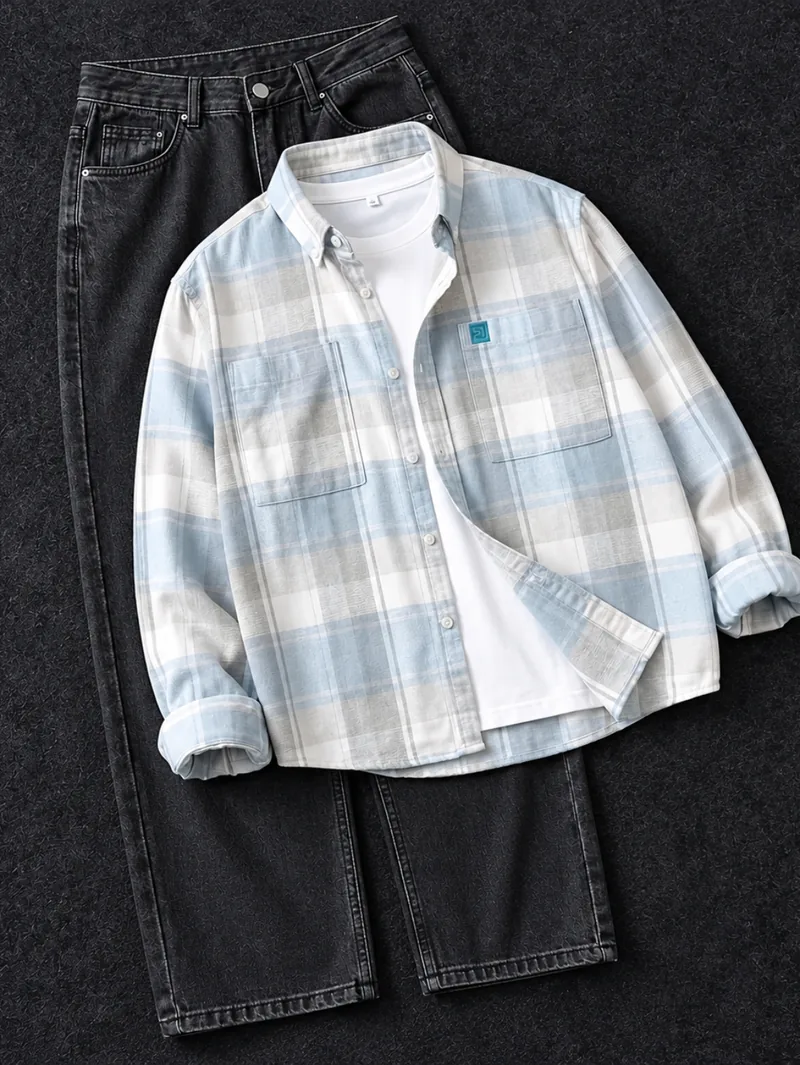 Ice Blue Plaid Flannel Shirt